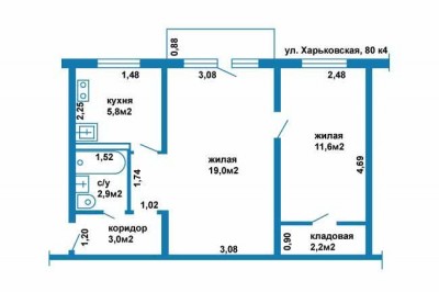 Двухкомнатная квартира , ул. Харьковская, 80 к4